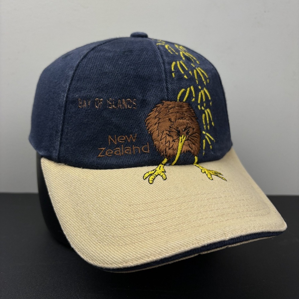 Vintage 90s Bay of Islands New Zealand Kiwi Bird Hat Cap Navy Tan Strapback